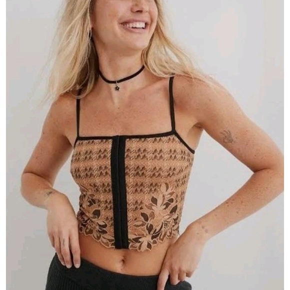 aerie Tops - Aerie Lace Corset Bra Top Sz L NWT‎ Tan Black Bustier Crop